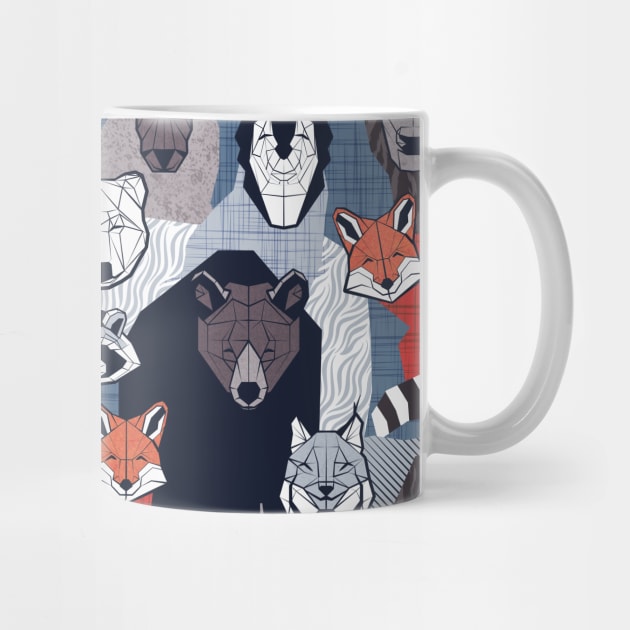 Canadian wild geometric animals // blue background brown bear bull moose beaver bison grey lynx black and white raccoon bear wolf red foxes by SelmaCardoso